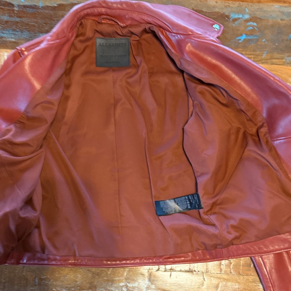 All Saints Dark-Cherry Leather Balfern Biker Jacket (size- US:6, EU:38, UK:10) - Picture 8 of 14